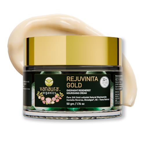 Vanaura Organics Rejuvinita Gold 32+ | Overnight Cream for Glowing Skin | Anti Ageing Night Cream for Women and Men | Pigmentation & Wrinkles | Tanning & Dullness | for 32-45 Age groups