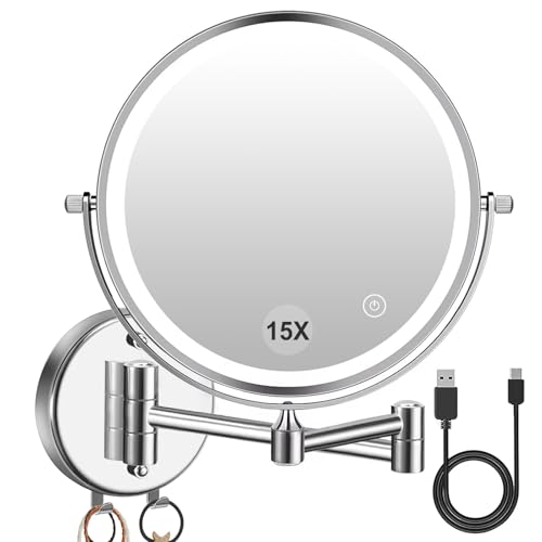 Amelar 1×/15× Wall Mounted LED Makeup Mirror Magnifying Makeup Mirror 3500 mAh Rechargeable, Touch Dimmable 3 Color Lights, 8” Double Sided 360° Rotation, Ideal for Hotel and Bathroom
