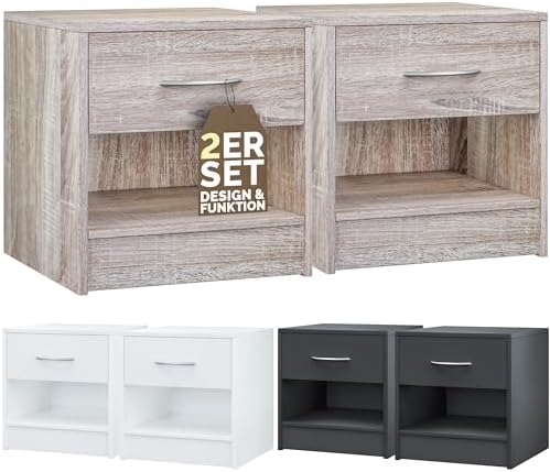 Stella Trading MOON Nachttisch Mit LED-Beleuchtung & USB-Anschluss - Moderner Nachtschrank