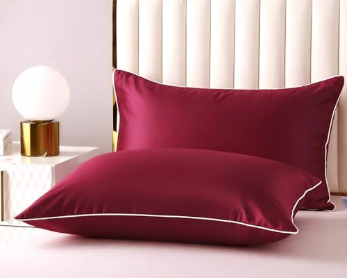 Image of BSB HOME Luxury Satin Silk Pillow Cover | 300 TC Ultra-Smooth Silky Finish | Premium Home Bedding Pillowcase | Soft, Glossy & Skin-Friendly Fabric | 18 x 28 Inches (Merlot)