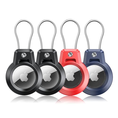 Gitfos AirTag Holder, Airtags 4 Pack AirTag Keychain Holder with Wire Cable - Robust & 360° Protective fit Apple AirTag Holder for Luggage, Backpack, Keys, Ring Car Key Chain.-2 Black/Red/Blue