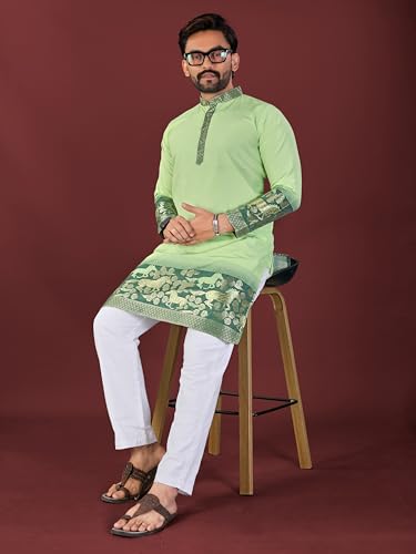 Image of Men's Cotton Silk Kurta with Jacquard Work Full Sleeves Floral Printed Side Slit and Mandarin Collar Neck | Kurta Pajama Set for Men Cotton Wedding | Short Kurta for Men