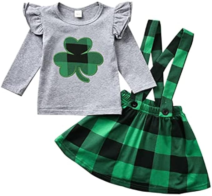 Toddler Baby Girls St Patrick's Day Outfits Suspender Skirt Shamrock Clover Dresses
