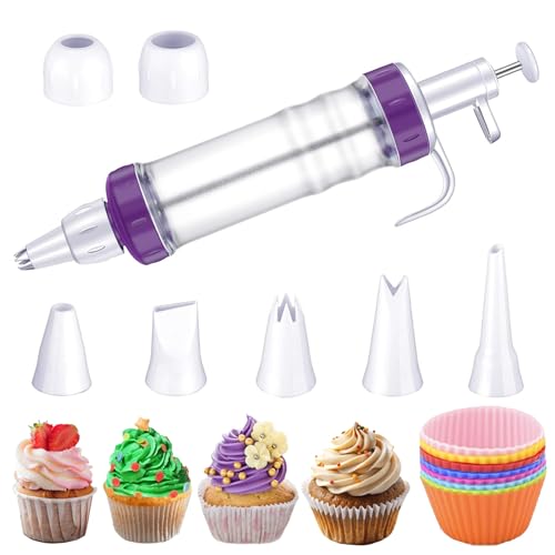 FANTEXY Dessert Decorating Syringe Set, Icing Piping Kit with 5 Piping Icing Nozzles Cake Decorating Tools Frosting Piping Kit Cupcake Decorating Kit Icing Gun