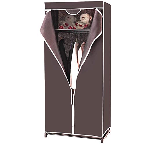 COSTWAY Penderie Tissu Garde Robe Zippée avec Étagères 74x50x172cm,Penderie Fermée Armoire de Rangement avec Cadre en Métal(Café)