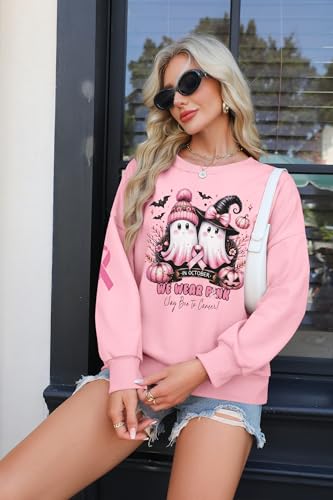 KIMSOONG In October We Wear Pink Sweatshirt Women Halloween Ghost Sweatshirt Breast Cancer Awareness Long Sleeve Tops3