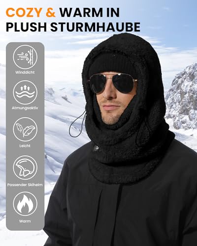 YYIDATON Plüsch Sturmhaube Mütze Winter Thermo Skimaske Fleece Thermale Windbeständig Gesichtshaube Outdoor Mütze Schal Balaclava für Herren Damen (Schwarz)