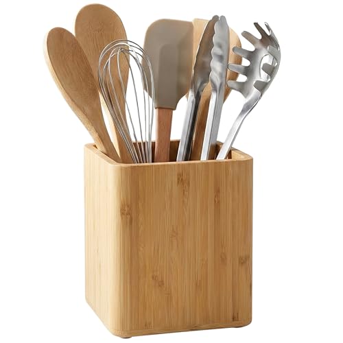 Dehaus® Large Wooden Utensil Holder, Bamboo Kitchen Utensils Holder, Countertop Utensil Pot, Cooking Utensils Organiser, 14 x 14 x 16.5cm (H)