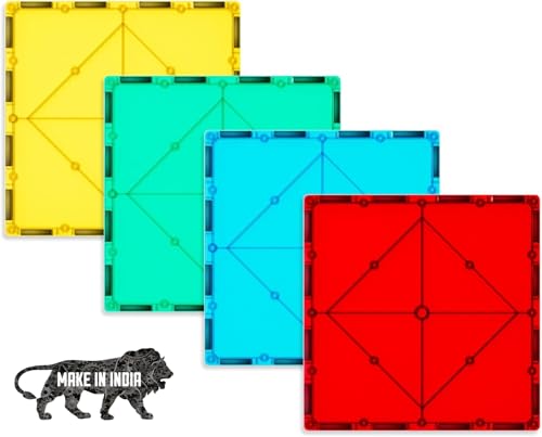 Image of ANVIE & ABEER Set of 4 Large Squares (150mm) Magnetic Building Tiles for Kids, Educational Stacking Blocks for Boys Girls, Magnets Construction Toys, (4 Large Squares of Random Colour)