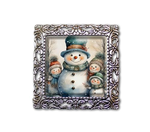 Winter Snowman Family Holiday Christmas Gifts Handmade Square Glass Baroque Style BROOCH or Pin Jewelry (Antique Silver Tone)