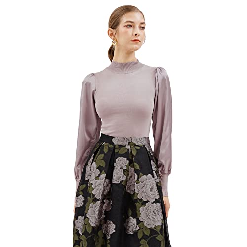 Image of CHICWISH Women's Mock Neck Satin Spliced Bubble Sleeves Knit Top