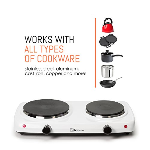 Elite Cuisine Edb-302F Double Countertop Portable Buffet Burner Electric Hot Plate, Dual Temperature Controls, Flat Cast Iron Heating Plates, Power Indicator Lights, Easy To Clean, 1440 Watts, White #TOP4