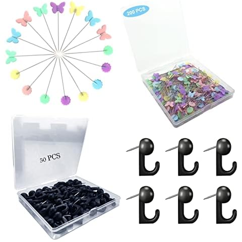 200pcs Sewing Pins with Butterfly and Flower +50 PCS Push Pin Hooks Cover