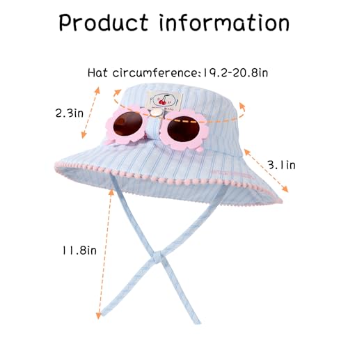 Kids Wide Brim Sun Hat with Detachable Sunglasses Adjustable Striped Summer Bucket Hat for Girls Outdoor Cap for 4-10 Years4