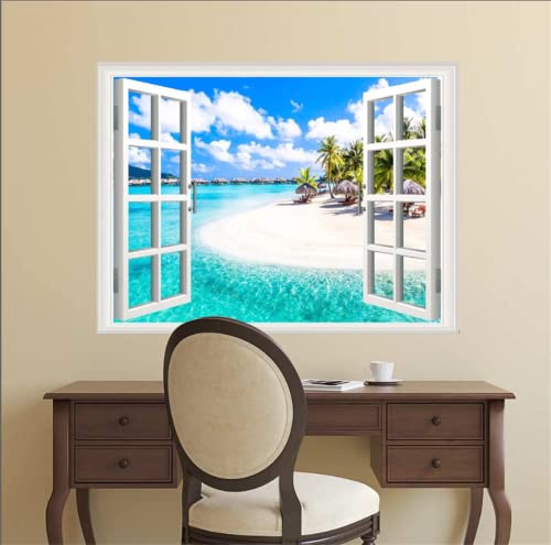 Thnwsy Self-Adhesive Wall Sticker Romantic Living Room Bedroom Study Office Decorative Wall Sticker Ocean Scenery Fake Window Sticker Mural (17.3"×27.6", Crescent Beach) #TOP3