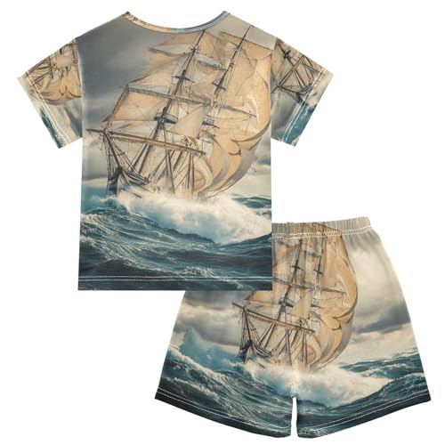 ALAZA Vintage Sailing Ship Pajama Set Short Sleeve Sleepwear Soft Lounge Nightwear2