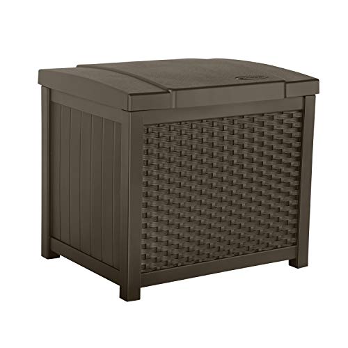 Suncast Small Deck Box Lightweight Resin Indoor/Outdoor Storage Container for Seat Cushions and Gardening Tools Store Items on Patio, Garage, 22 gallon, Mocha Wicker