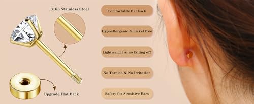 Image of Shining Diva Fashion 12 Pairs Anti Tarnish Earrings Combo Set | 14K Gold Plated | Hypoallergenic Stainless Steel Earring for Sensitive Ears | Flat Back Stud Hoop Cartilage Earring for Multiple Piercing