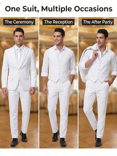 Image of Men's 3 Piece Slim Fit Suit Set, Two Button Blazer Solid Jacket Vest Pants Wedding Business Suit