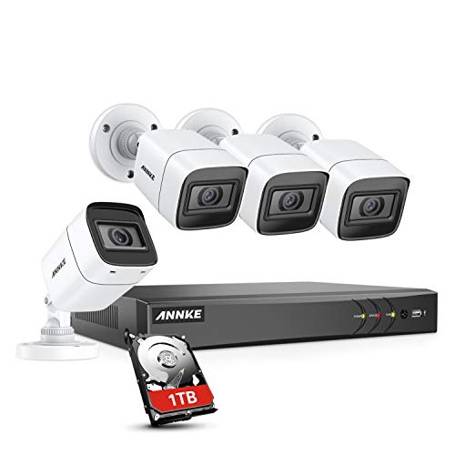 ANNKE Kit de 4 Cámaras de Seguridad 4K H.265+ 8CH DVR Ultra HD y Cámaras Vigilancia 3840 * 2160 Impermeable IP67 Visión nocturna de 100pies/30m Soporta múltiples idiomas Acceso remoto-1TB HDD