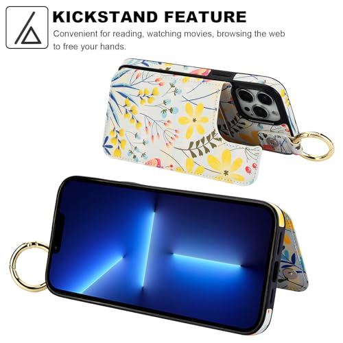Image of HAOPINSH for iPhone 13 Pro Max Wallet Case with Card Holder, Floral Flower Print Back Flip Folio PU Leather Kickstand Card Slots Case, Finger Grip Ring Double Magnetic Clasp Shockproof 6.7 inch