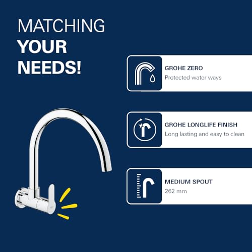 Image of Grohe BauEdge Single-Lever Sink Tap | Wall Mounted Kitchen Sink Tap | Cold-Only Single Lever Faucet with Swivel Tubular Spout | Chrome Finish | 10 Year Warranty | 31228000