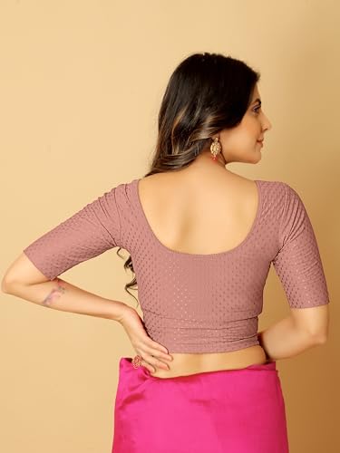 Image of Amazon Brand - Anarva Round Neck Dobby Cotton Lycra Stretchable Elbow Half Sleeve Readymade Saree Blouse for Women Stylish