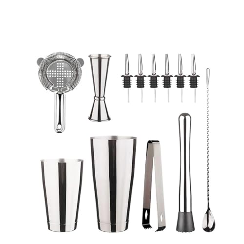 Juego de Barra coctelera: cocteleras Pesadas, colador, Aparejo, mortero y Cuchara, Pinzas for Hielo vertedor 6 Botellas(13pcs Silver)