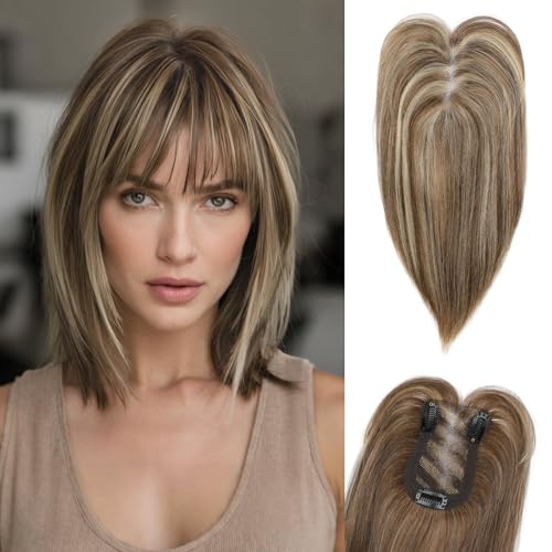 HOOJIH Hair Topper for Women with Thinning Hair 4x2.5inch Base Real Human Hair Topper with Bangs Handmade Invisiable Lace Front Topper - Medium Brown with Blonde Highlights