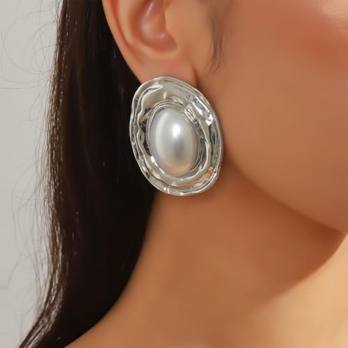 Chunky Large Pearl Statement Earrings for Women Exaggerated Big Geometric Oval Pearls Dangle Earring Two Tone Silver Costume Outfit Jewelry Accessories2