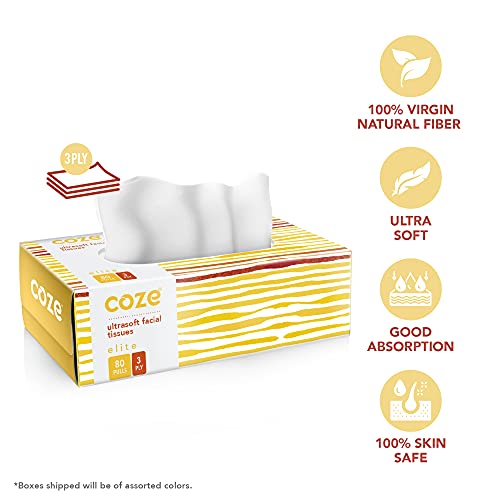 Image of Coze Facial Tissue Box (3 Ply, 80 Pulls) | Pack of 4 Assorted Coloured Boxes | 100% Skin-safe, FDA Approved, OBA Free | Sleek Tissue Box for Car, Bathroom, Bedroom, Office | Tissue Papers for Face