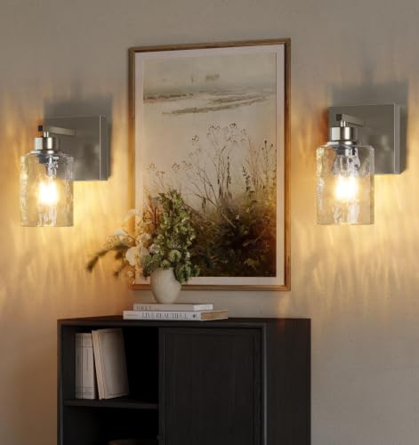 Image of Hammered Glass Wireless Battery Operated Wall Sconces Set of Two Nickel | Dimmable Rechargeable Wall Lights with Remote Timer, Easy Install Lamp for Living Room Bedroom, Emergency 3000K
