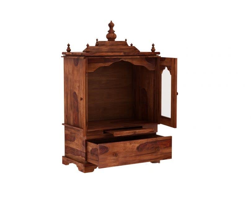 Image of G Fine Furniture 2.9 Ft Sheesham Wood Temple for Home | Wooden Pooja Mandir with 1 Drawer Storage 2 Glass Door Cabinet & Dhoop Batti Slider Stand | Traditional Pooja Ghar Mandap (Natural Finish)