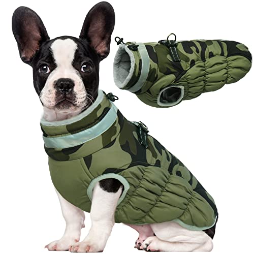 Image of Lelepet Dog Coat Warm Dog Winter Coat Waterproof Dogs Jacket with Harness | Reflective Pet Fleece Vest Zip-Up Cold Weather Coats for Dogs Turtleneck & Windproof Padded Coats Chihuahua Green Camo XS