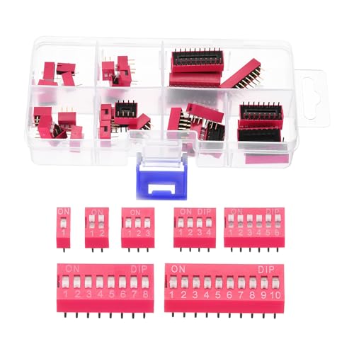 sourcing map 35pcs Double Row Dip Switch Assorted Kit in Box 1 2 3 4 6 8 10 Position 2.54mm PCB Mountable On Off Switch Slide Type Red Toggle Switch for Circuit, Breadboards