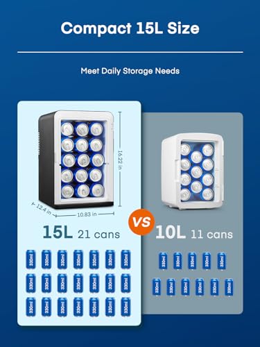 FOHERE Kleine mini-koelkast, 15 l/21 blikjes, draagbare koelkast AC + DC 12 V, stille modus, koelende en verwarmende functie, cosmeticakoeler, zwart - Image 4
