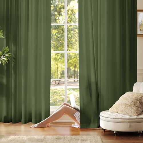 Anmao Non-See-Through Olive Green Privacy Semi Sheer Curtains for Living Room 45 Inch Length 2 Panels Set, Light Filtering That Let Light in Rod Pocket Window Drapes for Bedroom, 52W x 45L, Dark Green