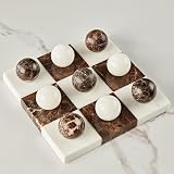 White and Brown Marble Tic Tac Toe Board, Natural Stone Checkerboard, 7 x 7 Inch Premium Handcrafted Marble Board, Luxury Home Decor, Tabletop Decor for Living Room, Office
