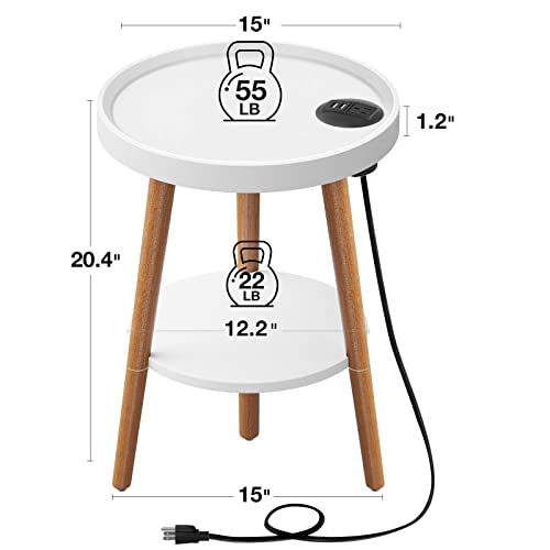 Greenstell End Table With Charging Station, Round Side Table With Storage Shelf, Usb Ports And Anti-Drop Fence, 2-Tier Small Nightstand Sofa Table For Living Room, Bedroom White 15.0*15.0*20.4Inches #TOP2