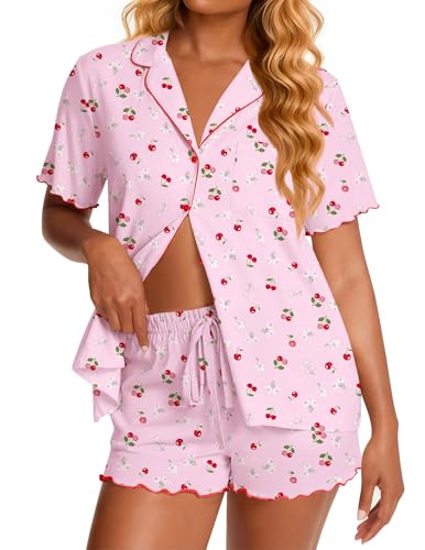 Image of Ekouaer Viscose from Bamboo Women Pajama Sets Button Up Cooling Pjs Short Sleeve Ruffle Sleepwear 2 Piece Lounge Shorts Set