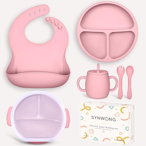 Image of Silicone Baby Feeding Set - Baby gift set，Contains silicone bibs for babies，suction plates for baby，baby spoons，baby bowls，baby cup ， baby forks for self feeding, baby led weaning(Pink)