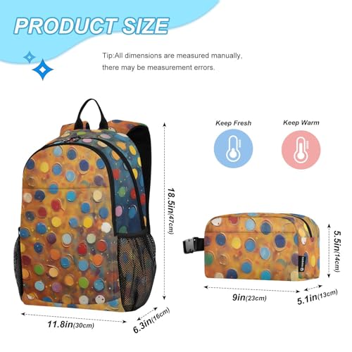 Backpack Lunch Bag Set for Travel Hiking Picnic, Colored Dots Print Backpacks with Insulated Lunch Box2