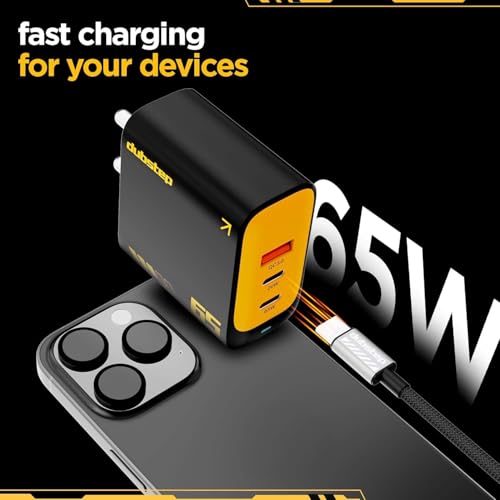 Image of Dubstep Sprint 65W GaN Superfast Wall Charger with Type-C to Type-C Cable, 65W Output Compatible with MacBook & Type-C Laptop Charging, iPhone, Samsung, OnePlus, Nothing (Black /Yellow)