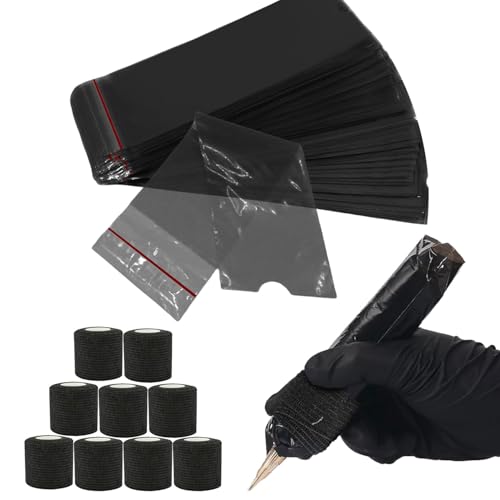 Srvauyea 200pcs Pen Covers and Grip Tape Wrap Covers Black Tattoo Grip Cover Tattoo Accessory Set Tattoos Machine Pen Bags Machine Sleeves with Black Grip Wrap Self-Adherent Tape.