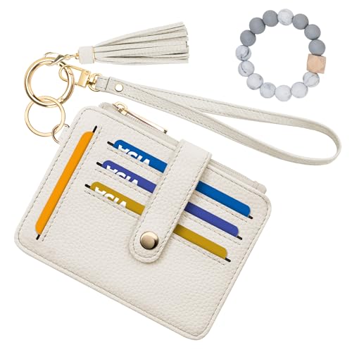 Airkit Wristlet Wallets for Women Keychain RFID Blocking Credit Card Holder Small Girly Wallet with Bracelet Silicone Beaded Tassel Key Ring Card Holder Creamy Grey