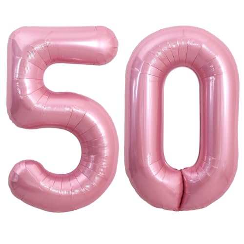 Image of TONIFUL 40 Inch Pink Number 50 Balloon Large Foil 50th Birthday Decorations | Pink 50 Balloon Number Fifty for Milestone Fifty Birthday Party 50th Anniversary, Pink Birthday Decor for Women Girls