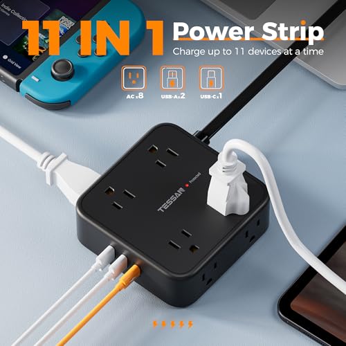 Image of TESSAN Surge Protector Power Strip, 5 Ft Flat Plug Extension Cord with 3 USB (1 USB C) 8 Outlets, 1875W, 900J Protection, 3 Sided Outlet Extender with Power Switch for Office, Dorm Room, Black