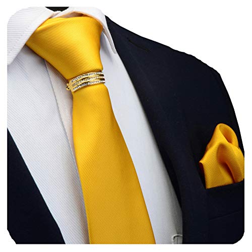 GUSLESON Brand Silk Solid Gold Ties For Men Necktie and Pocket Square Collar Clasp Brooch Sets (0799-14-G)