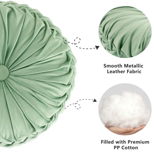 Image of HIG Set of 2 Decorative Round Pleated Throw Pillows, Classy Accent Pumpkin Throw Pillows with Center Button, Vintage Velvet Floor Pillows for Sofa Vanity Chair Bed, Sage, 14.5 inch Diameter(Ripple)