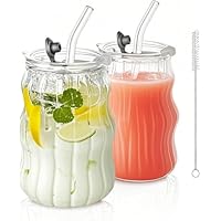 ALINK 18 oz Ribbed Glass Tumblers with Lids and Straws 2 Pack Iced Coffee Cups, Vintage Design, Bubble Glass Aesthetic,Ideal for Smoothies, Cocktails,Juices